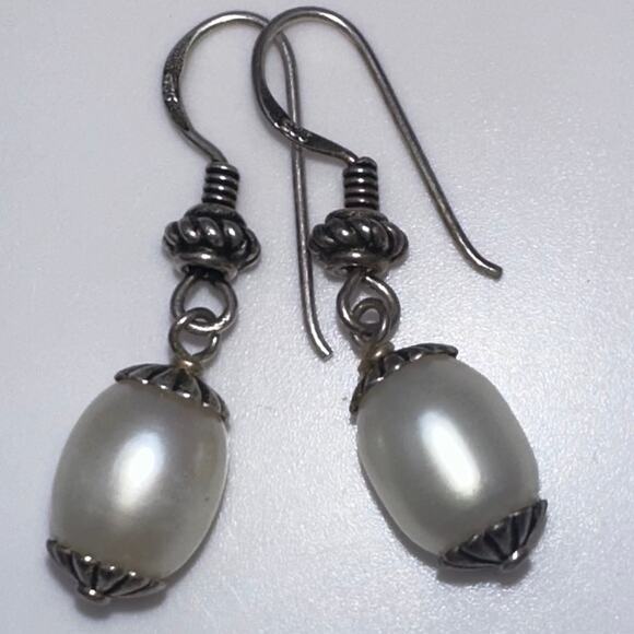 925 sterling silver genuine white freshwater pearls hook dangle drop earrings - Picture 4 of 8